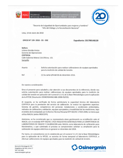 Vista previa del PDF oficial: AUTORIZACIÓN DE OSINERGMIN: Calibración de equipos de calidad de tensión
